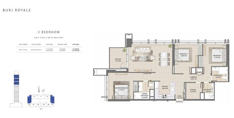 Burj Royale 3 Bedroom Apartment Type A Floor Plans