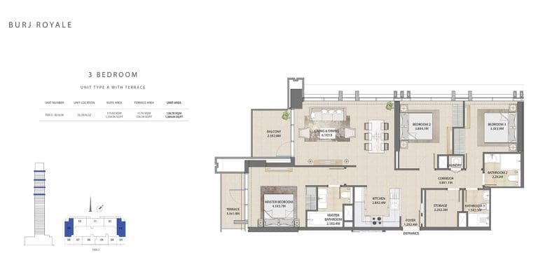 Burj Royale 3 Bedroom Apartment Type A1 Floor Plans