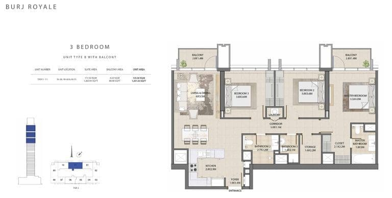 Burj Royale 3 Bedroom Apartment Type B Floor Plans