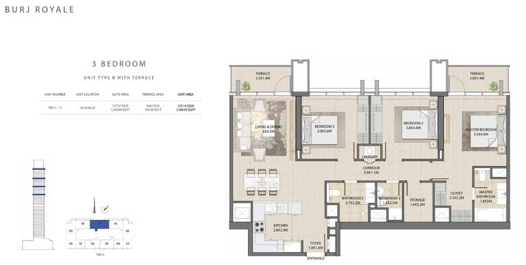 Burj Royale 3 Bedroom Apartment Type B1 Floor Plans