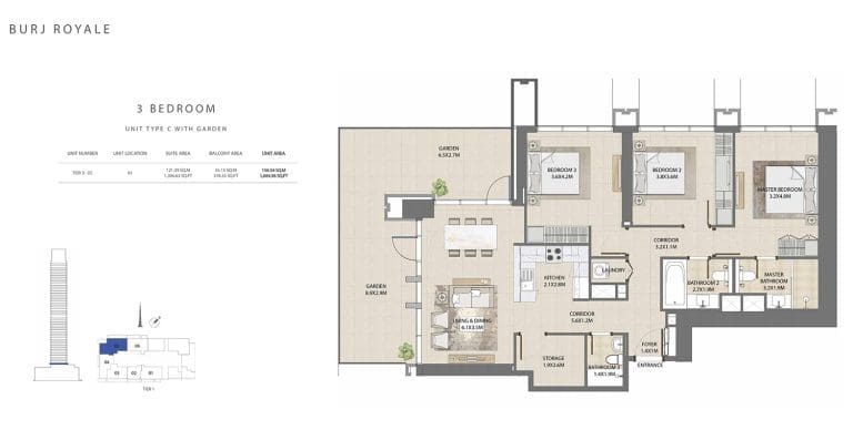 Burj Royale 3 Bedroom Apartment Type C Floor Plans