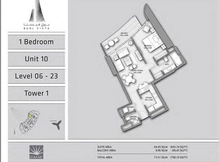 Burj Vista 1 Bedroom Apartment Type 1 Unit 10 Floor Plans
