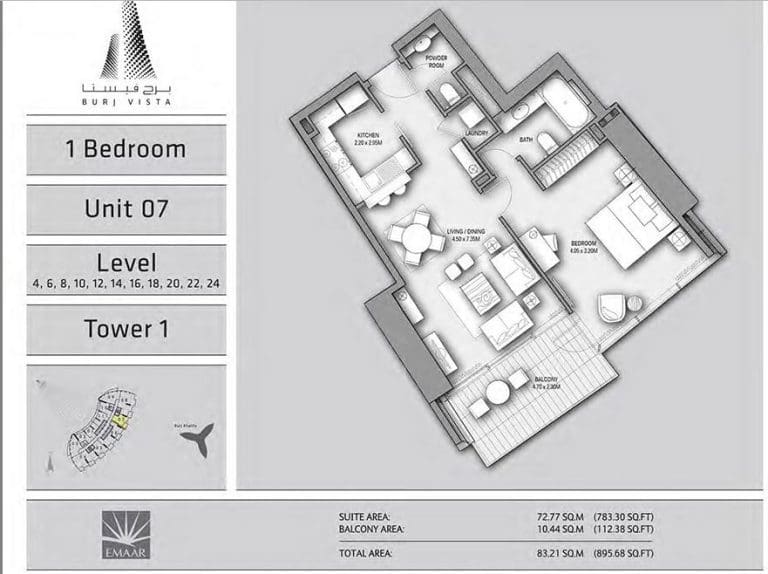 Burj Vista 1 Bedroom Apartment Type 1 Unit 07 Floor Plans