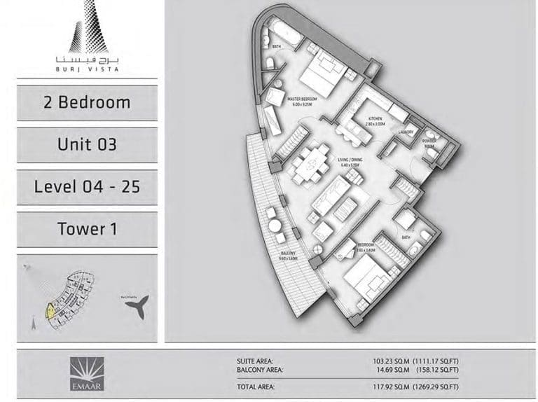 Burj Vista 2 Bedroom Apartment Type 2 Unit 03 Floor Plans