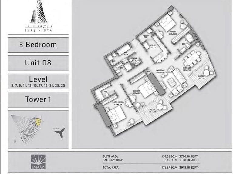 Burj Vista 3 Bedroom Apartment Type 3 Unit 08 Floor Plans