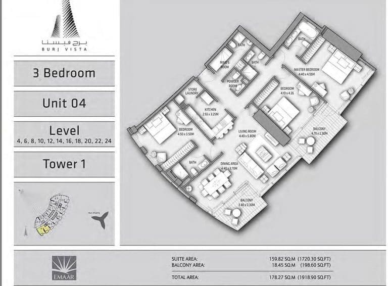Burj Vista 3 Bedroom Apartment Type 3 Unit 04 Floor Plans