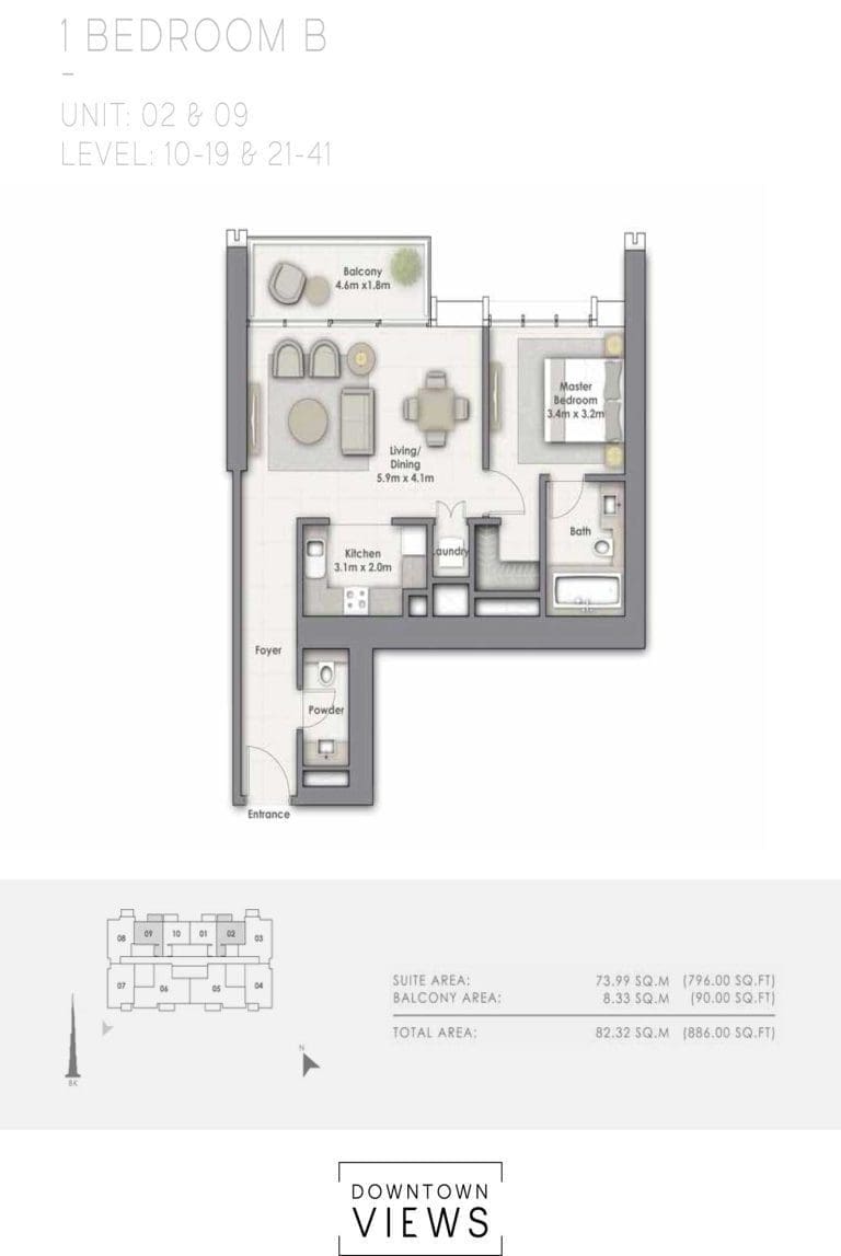 Downtown Views 1 – 1 Bedroom Apartment Type B Unit 2-9 Floor Plans