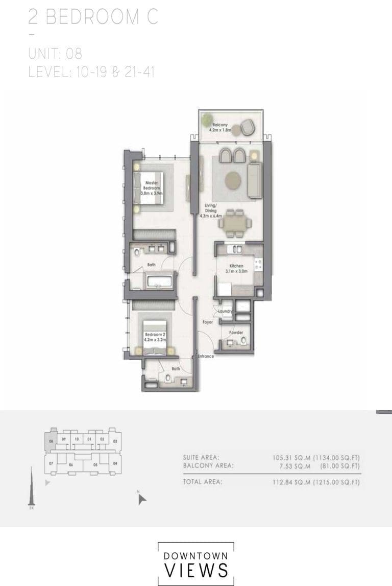 Downtown Views 1 – 2 Bedroom Apartment Type C Unit 8 Floor Plans