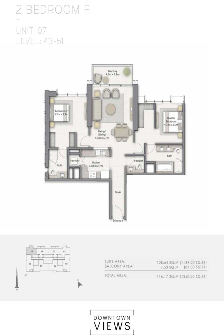 Downtown Views 1 – 2 Bedroom Apartment Type F Unit 7 Floor Plans