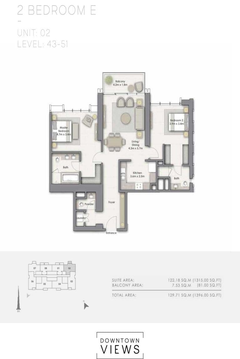 Downtown Views 1 – 2 Bedroom Apartment Type E Unit 2 Floor Plans