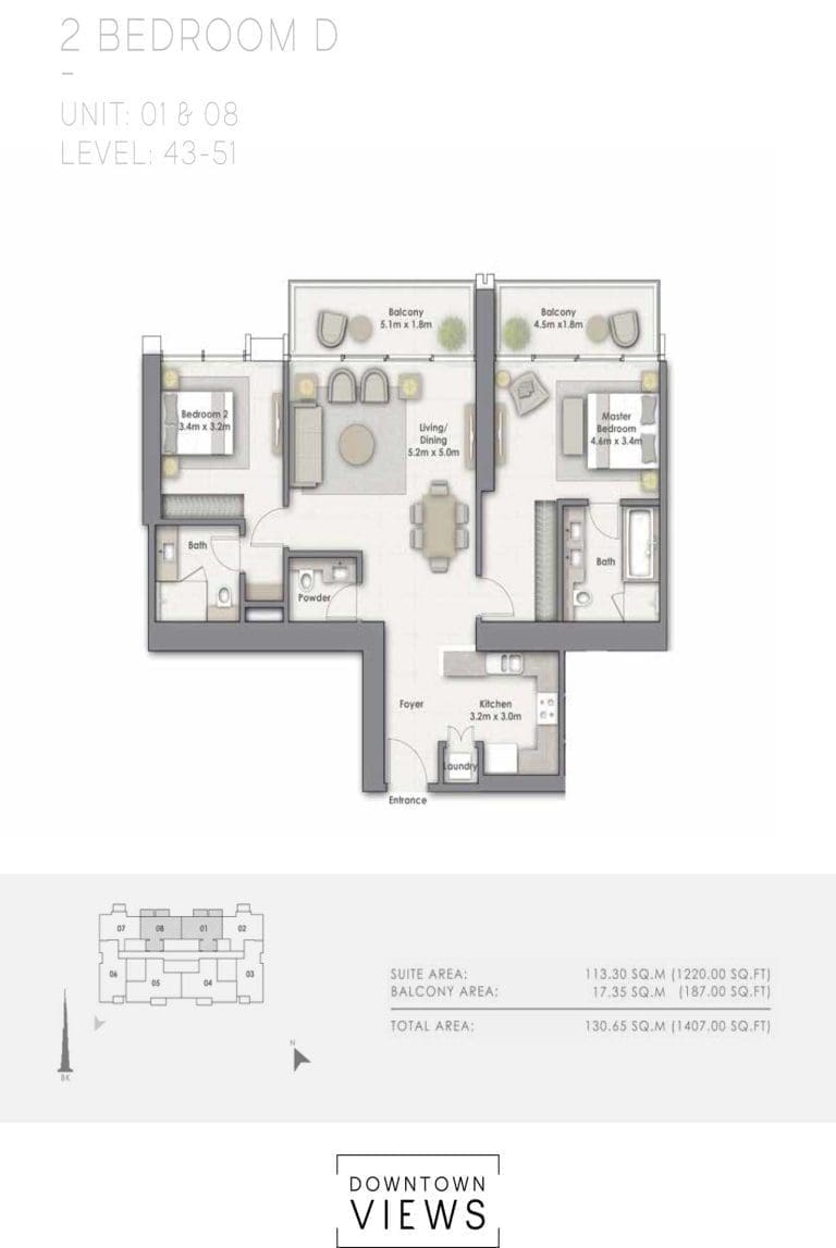 Downtown Views 1 – 2 Bedroom Apartment Type D Unit 1-8 Floor Plans