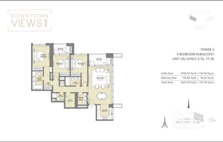 Downtown Views 2 – Tower 3 – 3 Bedroom Apartment Floor Plans