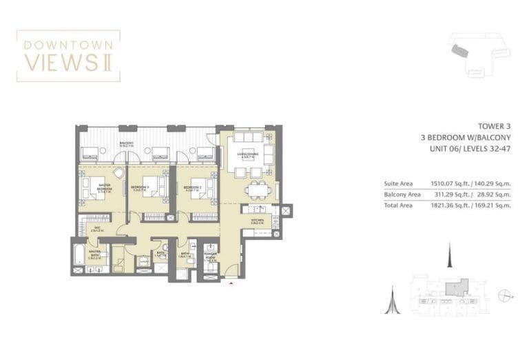 Downtown Views 2 – Tower 3 – 3 Bedroom Apartment Floor Plans – 4