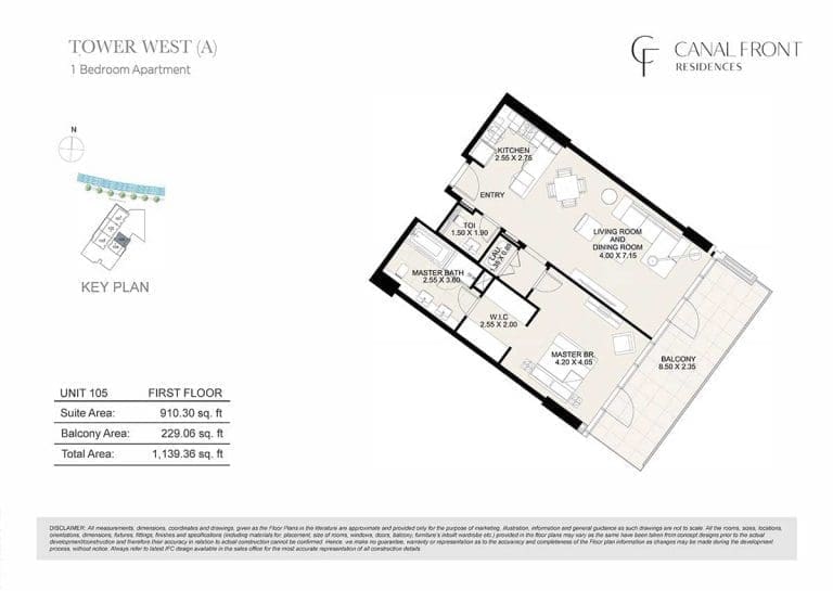 Canal Front Residences 1 Bedroom Apartment Tower West – A Floor Plans 2
