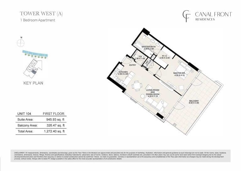 Canal Front Residences 1 Bedroom Apartment Tower West – A Floor Plans 1
