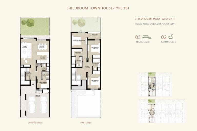 Mudon Al Ranim 3 Bedroom Townhouse Type 3B1 Floor Plans