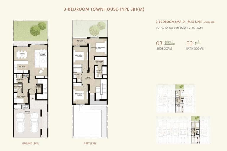 Mudon Al Ranim 3 Bedroom Townhouse Type 3B1(M) Floor Plans