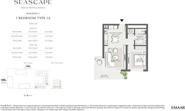 Seascape Building 4 – 1 Bedroom Apartment Type 1A Floor Plans