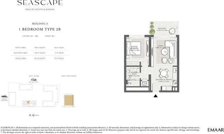 Seascape Building 3 – 1 Bedroom Apartment Type 2B Floor Plans