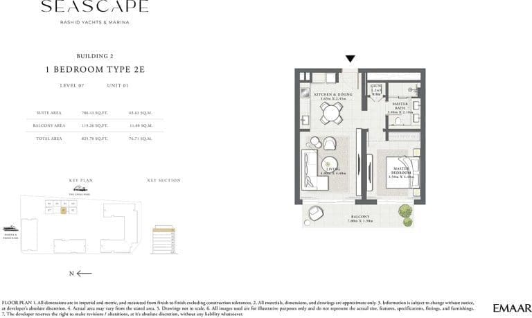 Seascape Building 2 – 1 Bedroom Apartment Type 2E Floor Plans