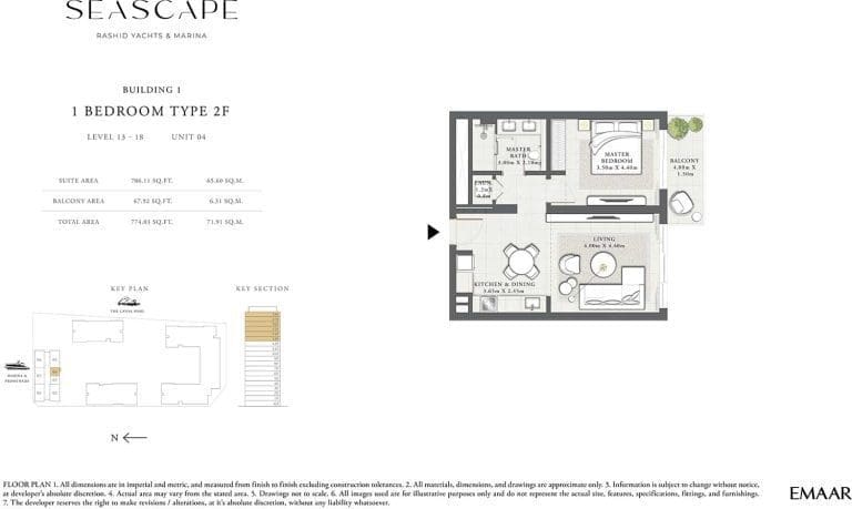 Seascape Building 1-1 Bedroom Apartment Type 2F Floor Plans