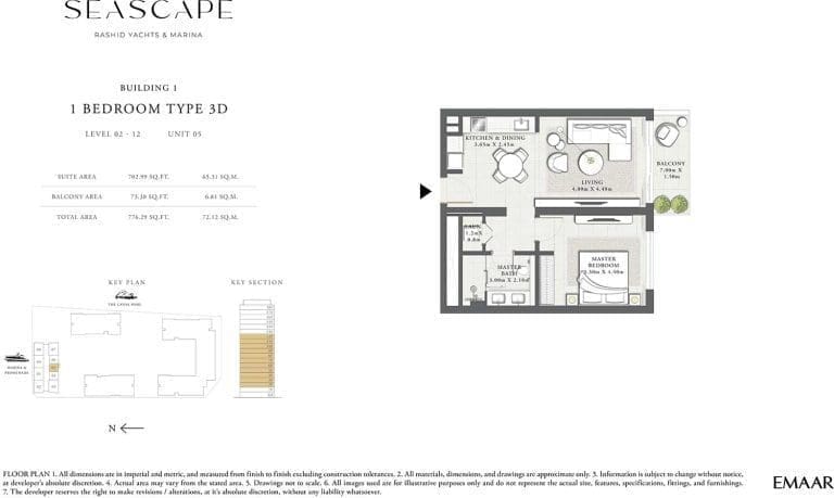 Seascape Building 1-1 Bedroom Apartment Type 3D Floor Plans
