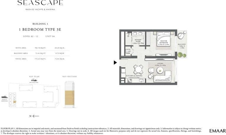 Seascape Building 1-1 Bedroom Apartment Type 3E Floor Plans