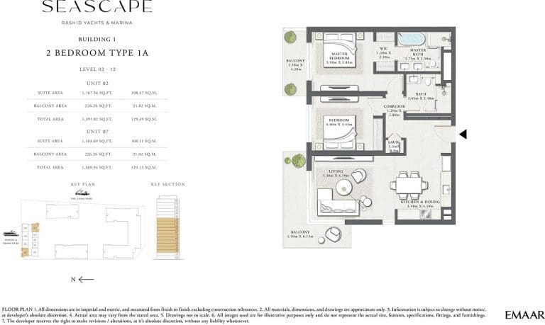 Seascape Building 1 – 2 Bedroom Apartment Type 1A Floor Plans
