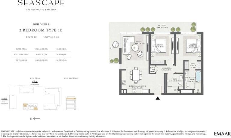 Seascape Building 3 – 2 Bedroom Apartment Type 1B Floor Plans