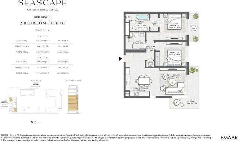 Seascape Building 1 – 2 Bedroom Apartment Type 1C Floor Plans 2