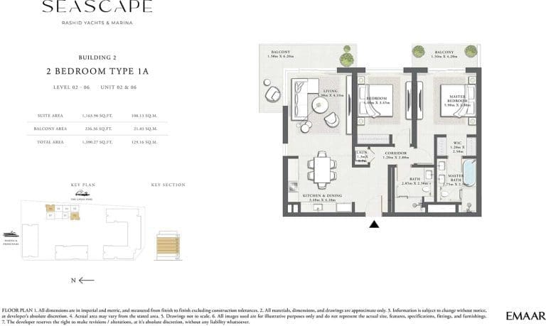 Seascape Building 2 – 2 Bedroom Apartment Type 1A Floor Plans