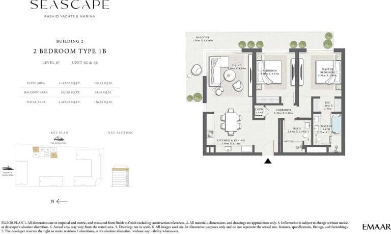 Seascape Building 2 – 2 Bedroom Apartment Type 1B Floor Plans