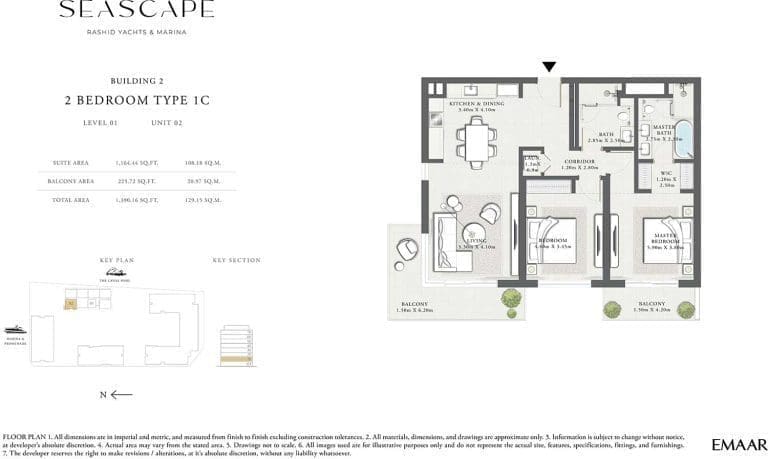Seascape Building 2 – 2 Bedroom Apartment Type 1C Floor Plans 1