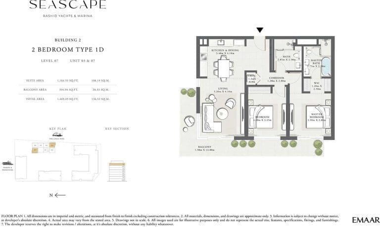 Seascape Building 2 – 2 Bedroom Apartment Type 1D Floor Plans