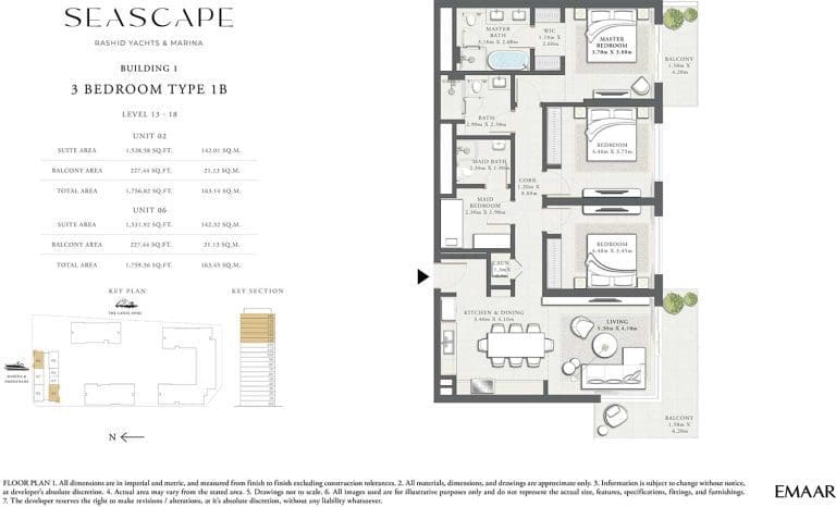 Seascape Building 1 – 3 Bedroom Apartment Type 1B Floor Plans