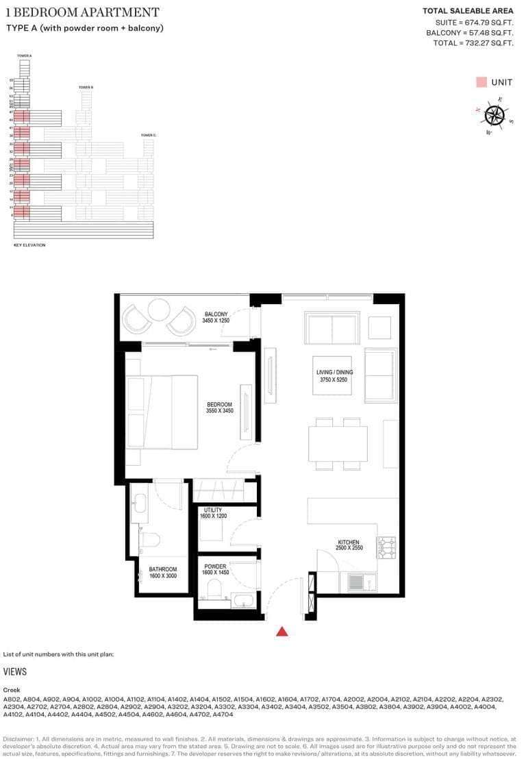 Sobha One Tower A – 1 Bedroom Type A Floor Plan