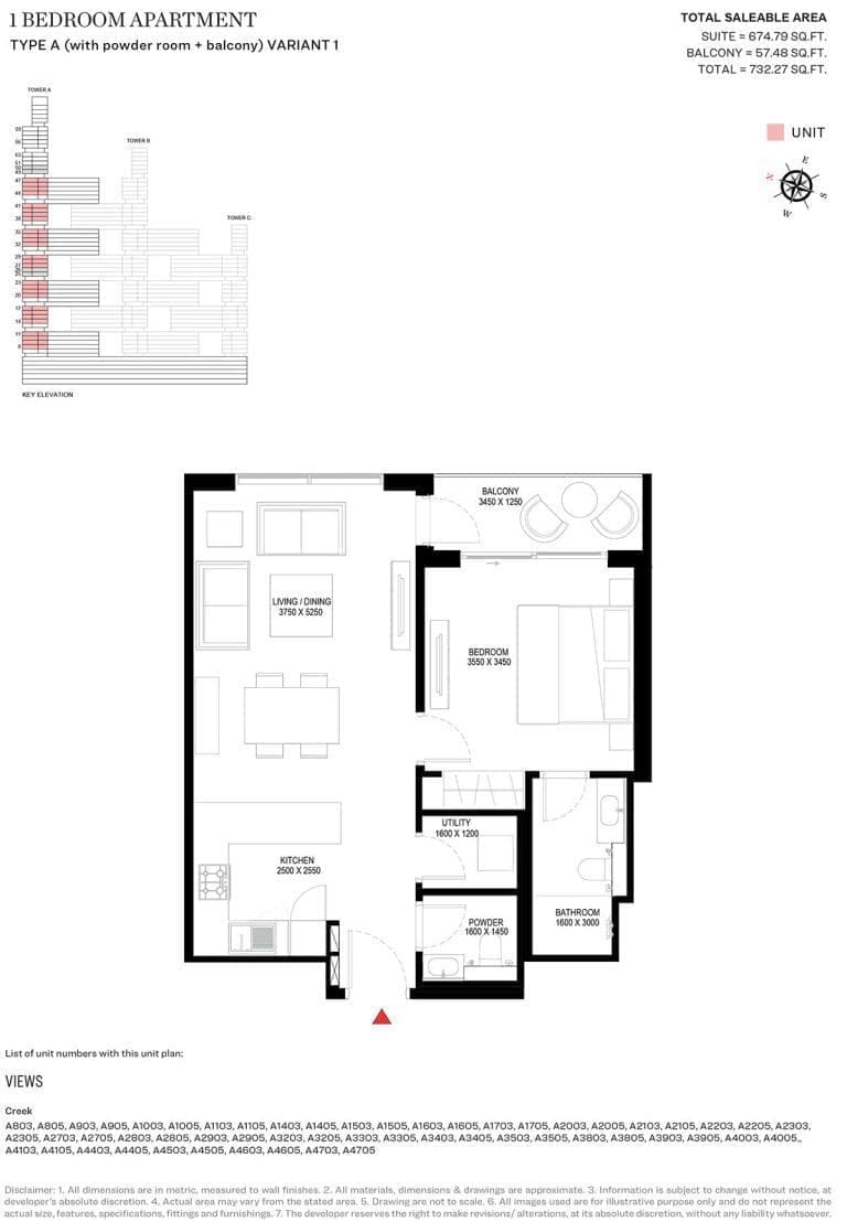 Sobha One Tower A – 1 Bedroom Type A Variant 1 Floor Plan