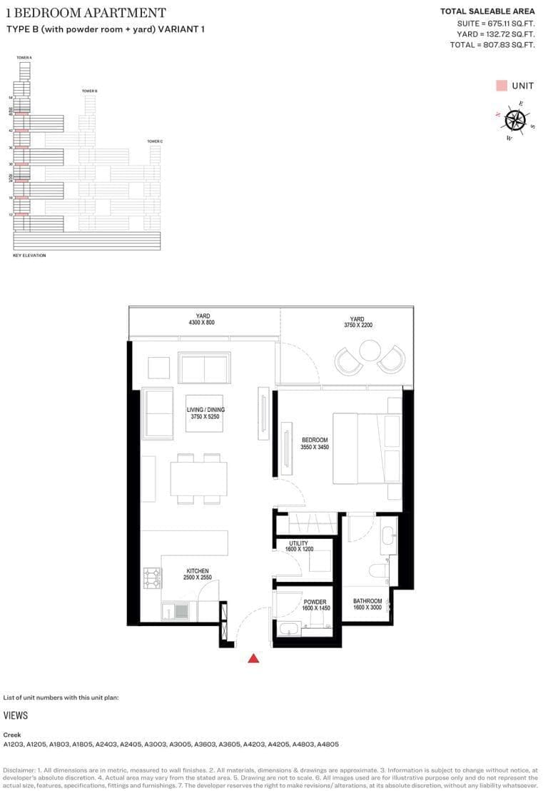 Sobha One Tower A – 1 Bedroom Type B Variant 1 Floor Plan
