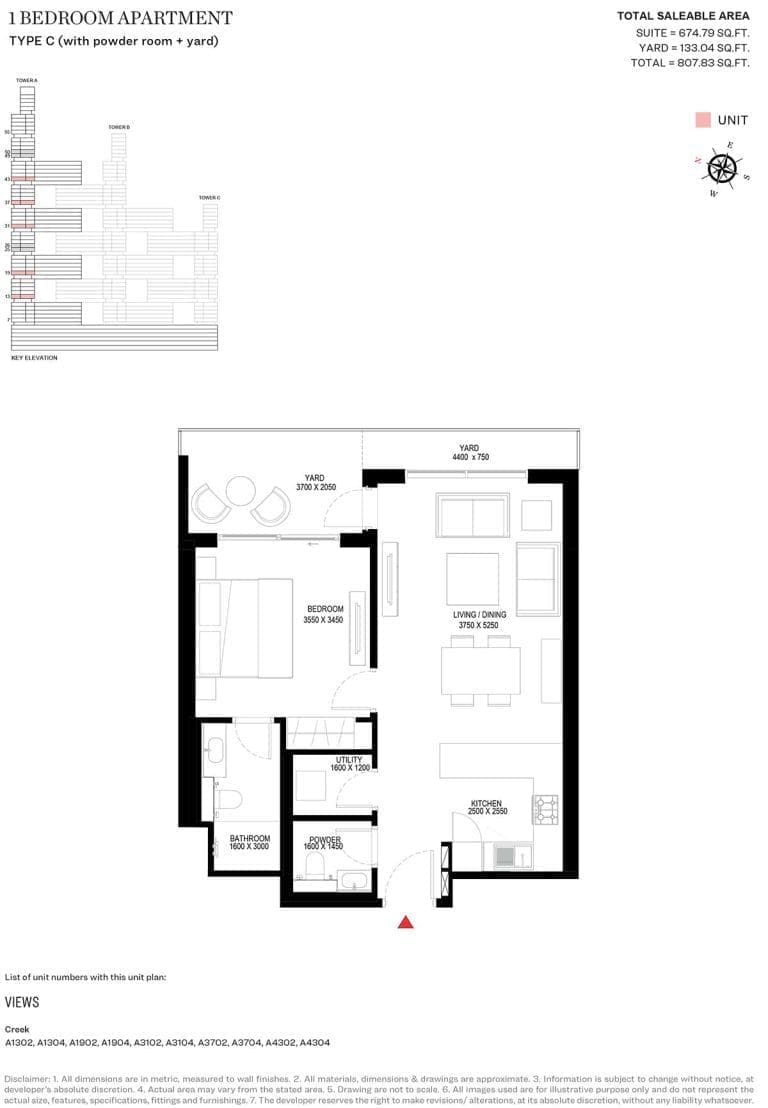 Sobha One Tower A – 1 Bedroom Type C Floor Plan