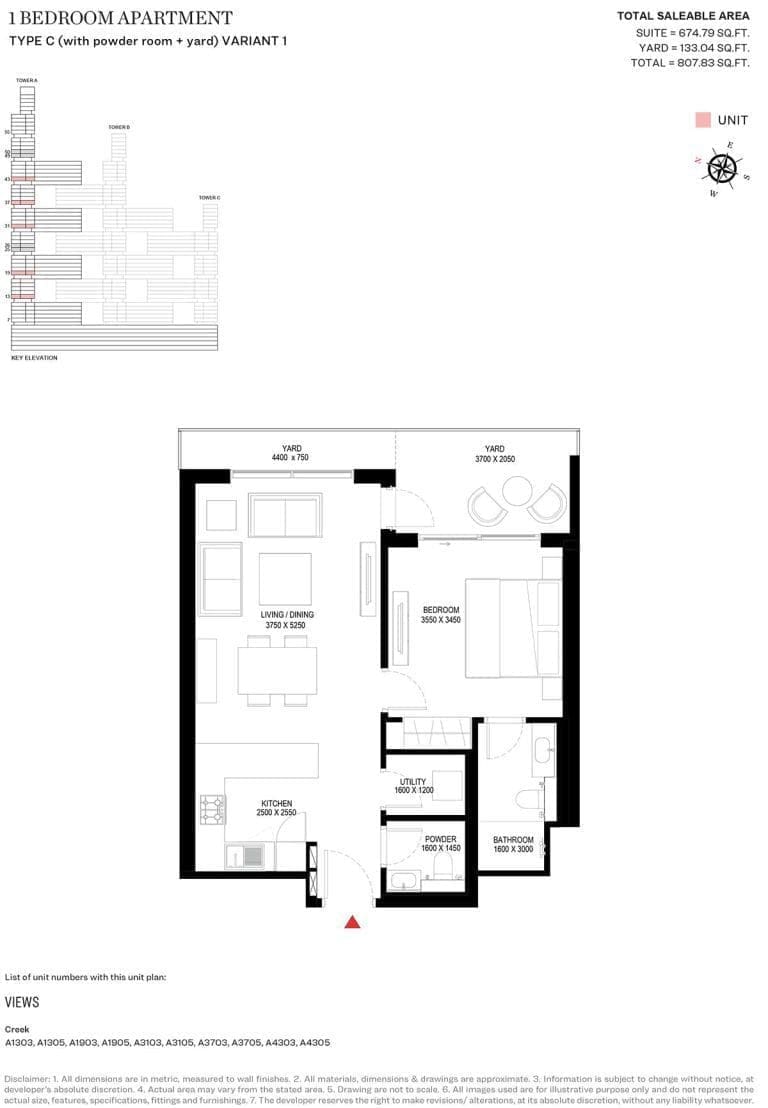 Sobha One Tower A – 1 Bedroom Type C Variant 1 Floor Plan