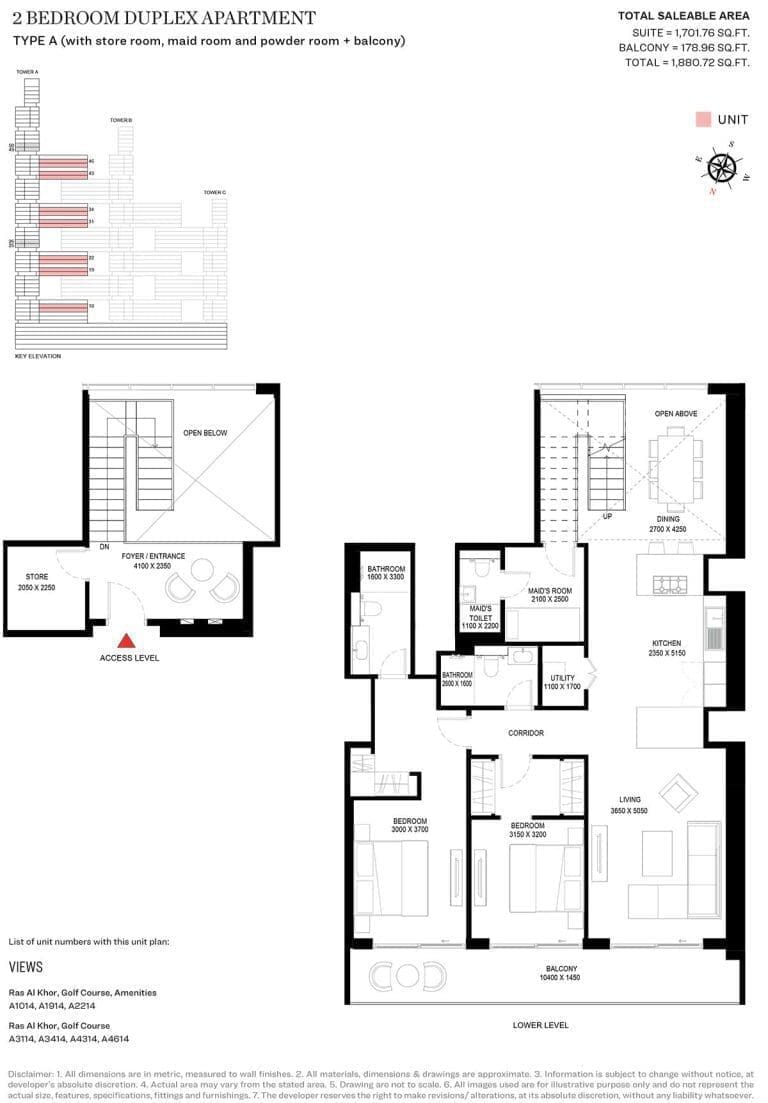 Sobha One Tower A – 2 Bedroom Duplex Type A Floor Plan