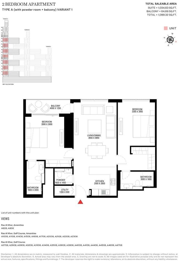Sobha One Tower A – 2 Bedroom Type A Variant 1 Floor Plan