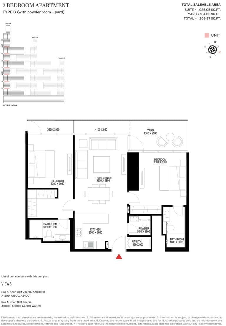 Sobha One Tower A – 2 Bedroom Type G Floor Plan