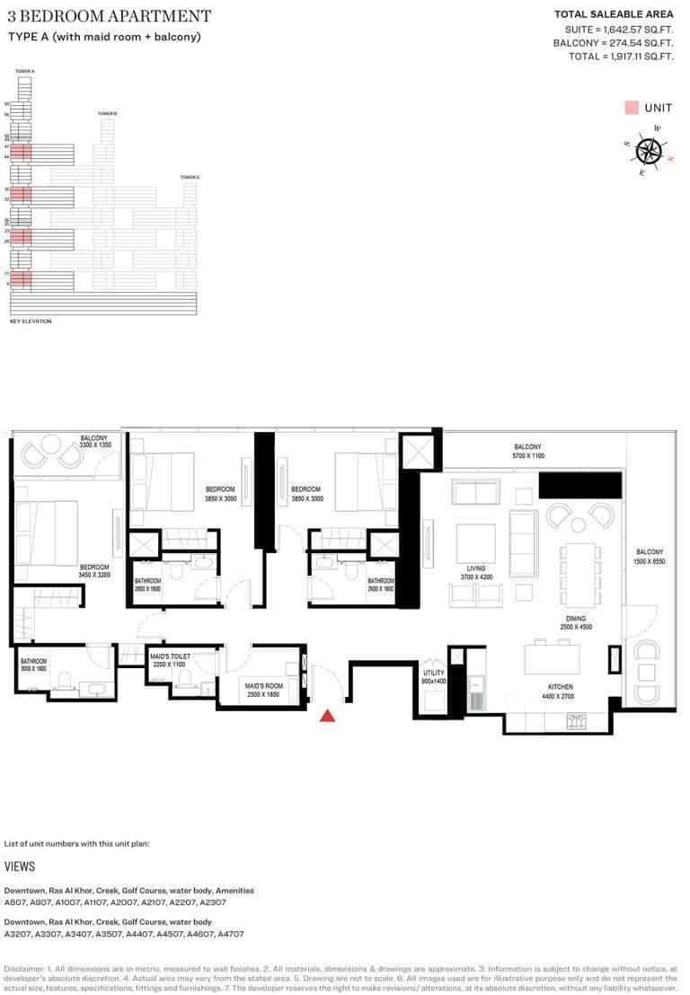 Sobha One Tower A – 3 Bedroom Type A Floor Plan