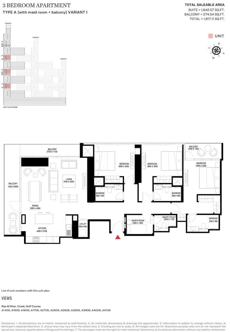 Sobha One Tower A – 3 Bedroom Type A Variant 1 Floor Plan