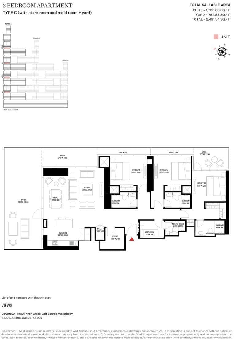 Sobha One Tower A – 3 Bedroom Type C Floor Plan