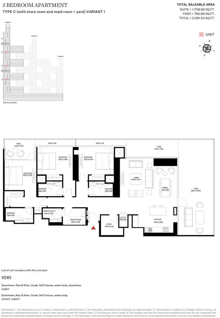 Sobha One Tower A – 3 Bedroom Type C Variant 1 Floor Plan