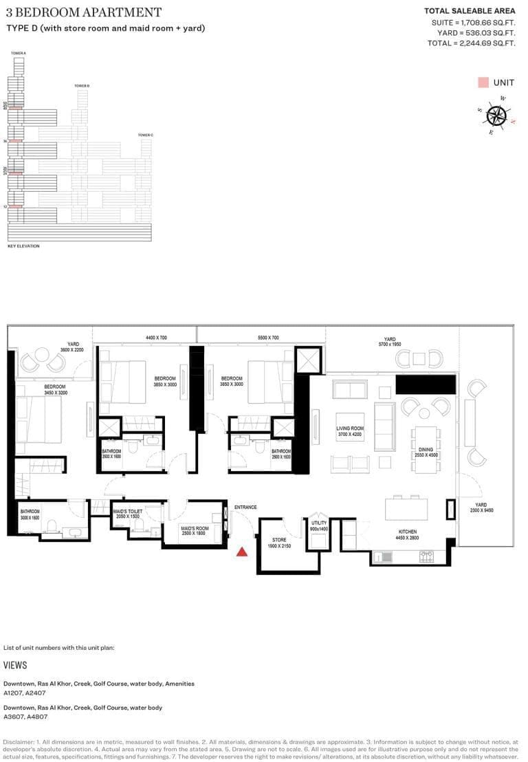 Sobha One Tower A – 3 Bedroom Type D Floor Plan