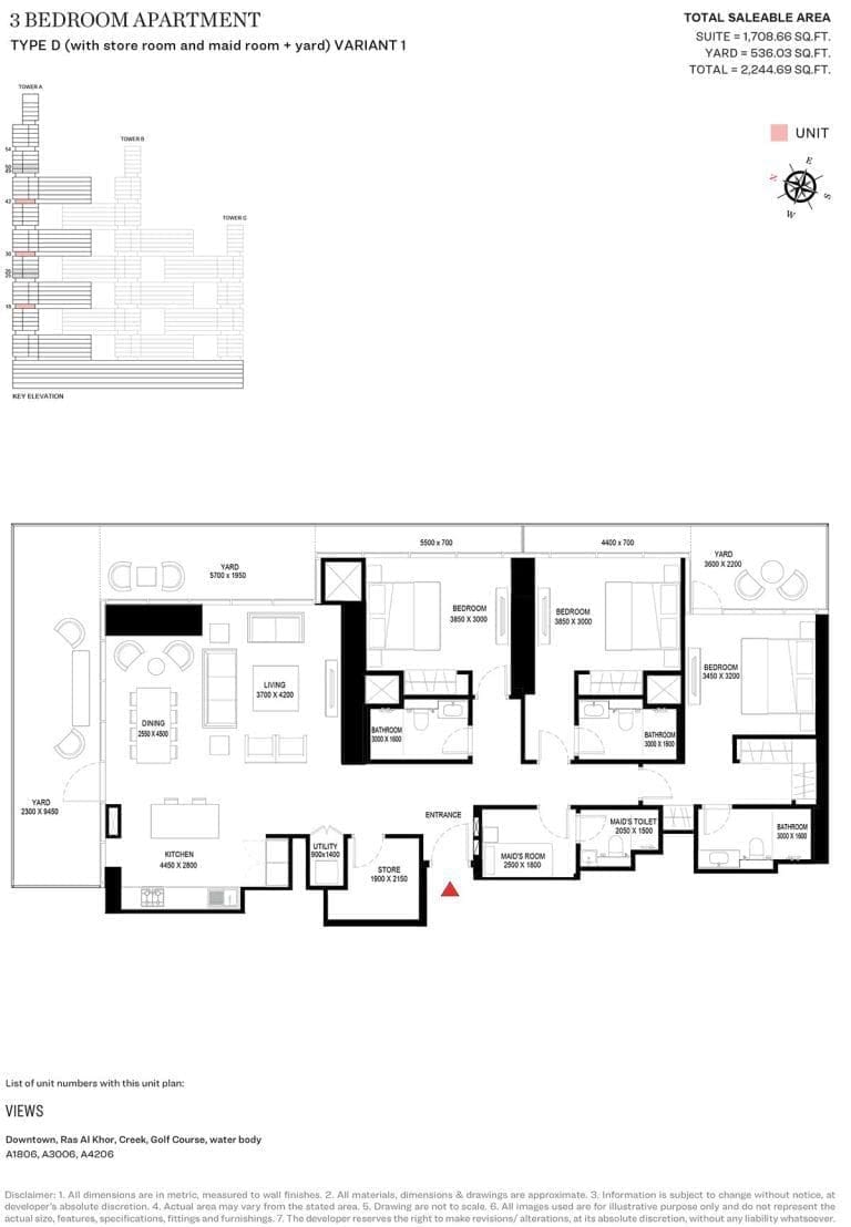 Sobha One Tower A – 3 Bedroom Type D Variant 1 Floor Plan