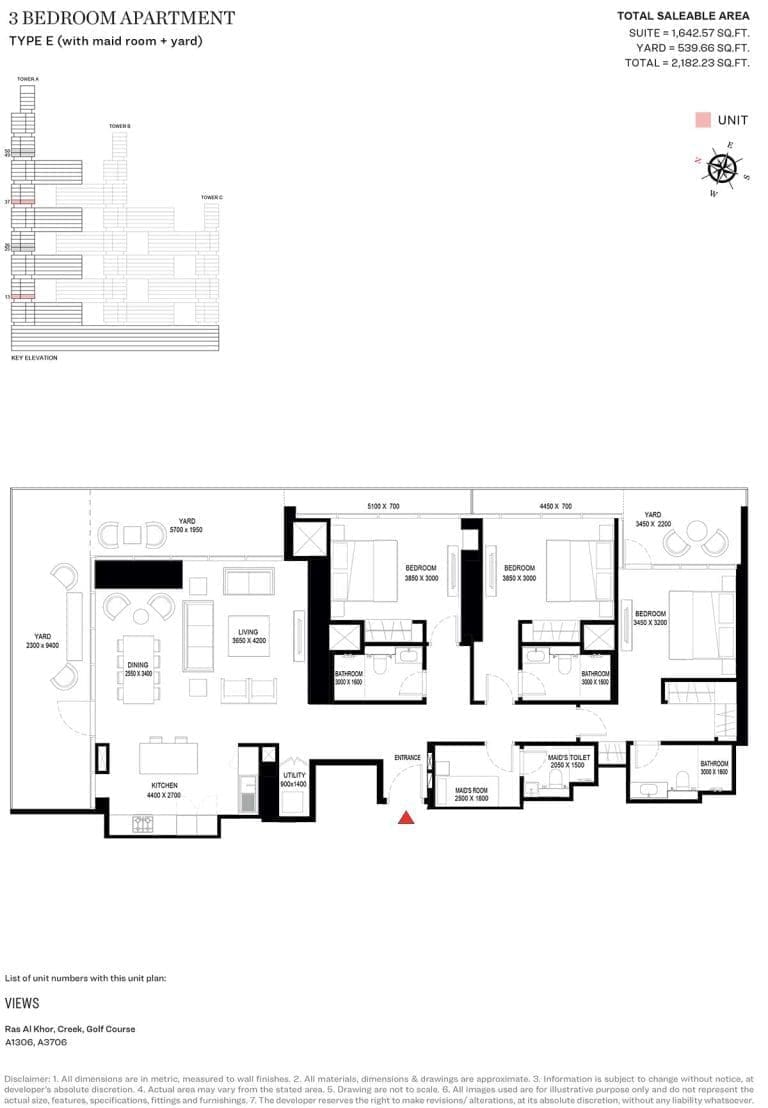 Sobha One Tower A – 3 Bedroom Type E Floor Plan